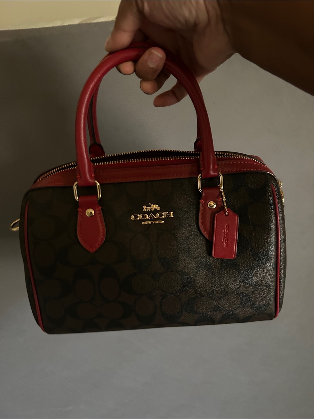 COACH Brown Signature Satchel with Red Trim and Handles